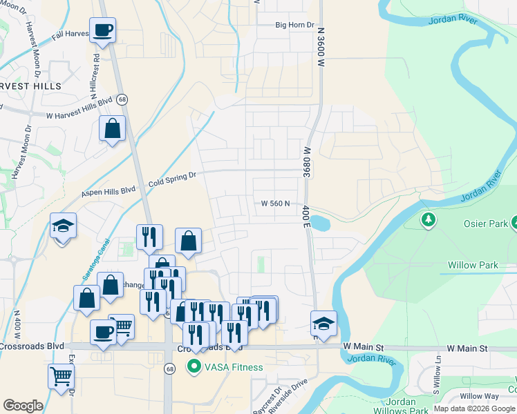 map of restaurants, bars, coffee shops, grocery stores, and more near 8887 West 10400 North in Lehi