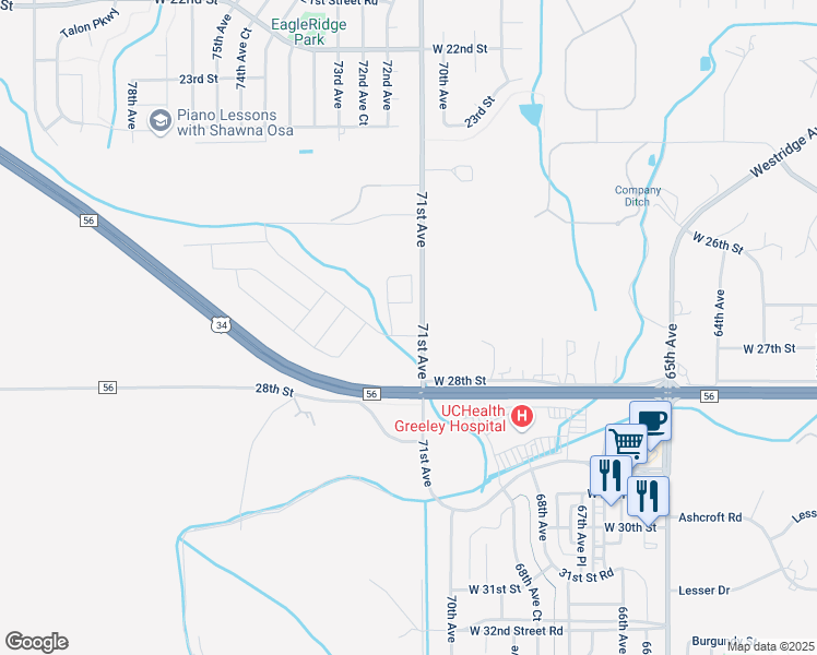 map of restaurants, bars, coffee shops, grocery stores, and more near 2775 71st Avenue in Greeley