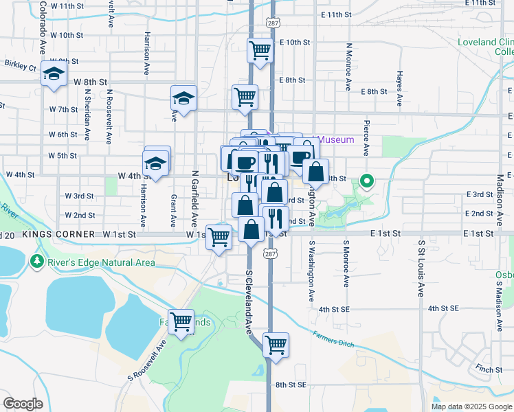 map of restaurants, bars, coffee shops, grocery stores, and more near 201 North Lincoln Avenue in Loveland