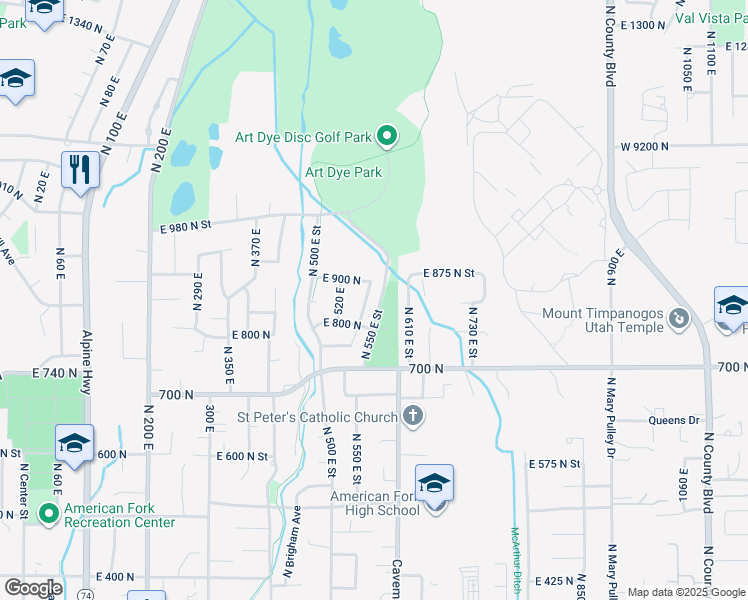 map of restaurants, bars, coffee shops, grocery stores, and more near 822 North 540 East Street in American Fork