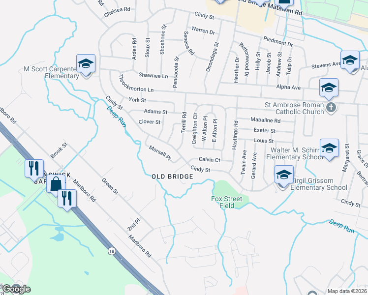 map of restaurants, bars, coffee shops, grocery stores, and more near 186 Cindy Street in Old Bridge