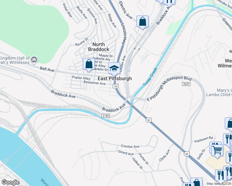 map of restaurants, bars, coffee shops, grocery stores, and more near 608 Bluff Street in East Pittsburgh