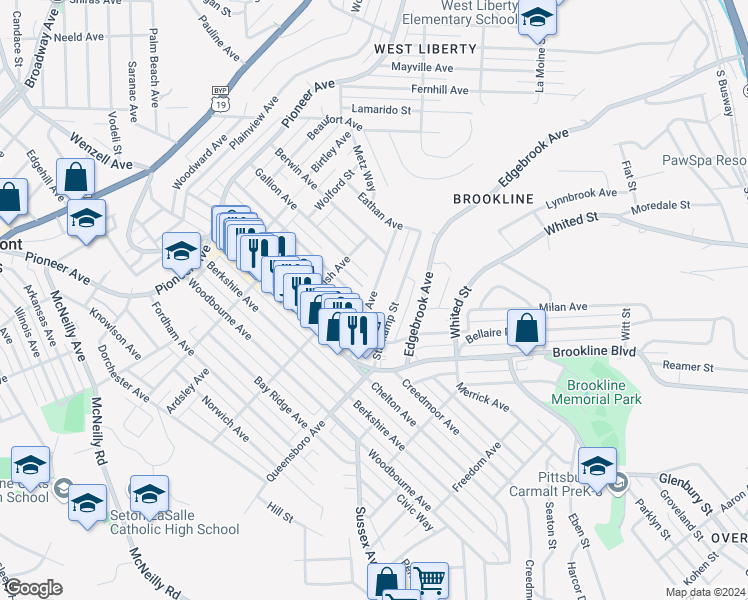 map of restaurants, bars, coffee shops, grocery stores, and more near 2451 Starkamp Street in Pittsburgh