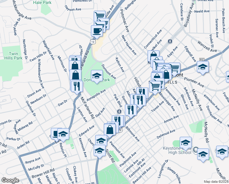 map of restaurants, bars, coffee shops, grocery stores, and more near in Dormont