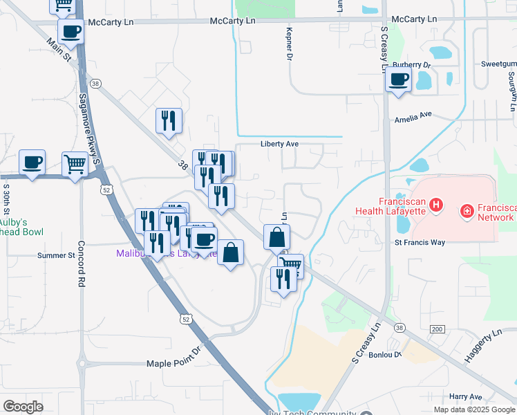 map of restaurants, bars, coffee shops, grocery stores, and more near 3600-3698 W State Highway 38 in Lafayette