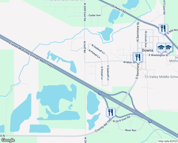 map of restaurants, bars, coffee shops, grocery stores, and more near 104 Eider Court in Downs