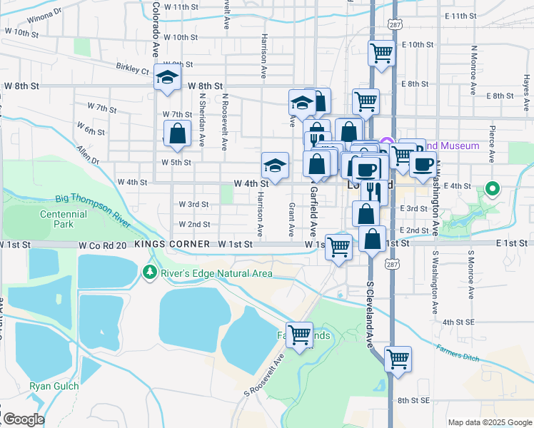 map of restaurants, bars, coffee shops, grocery stores, and more near 370 West 4th Street in Loveland