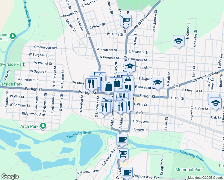 map of restaurants, bars, coffee shops, grocery stores, and more near 2 South Mulberry Street in Mount Vernon
