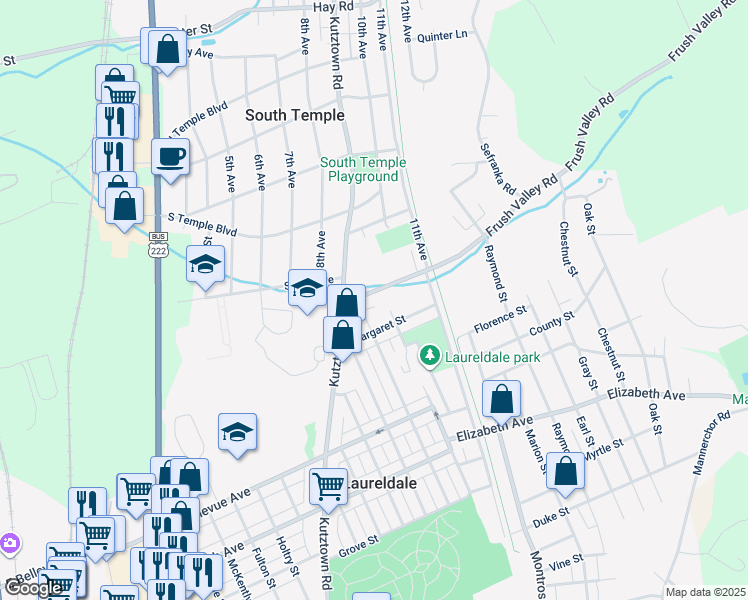 map of restaurants, bars, coffee shops, grocery stores, and more near 1312 Frush Valley Road in Reading