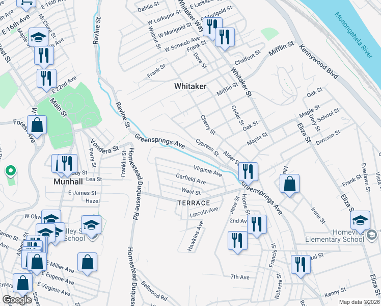 map of restaurants, bars, coffee shops, grocery stores, and more near 1640 Greensprings Avenue in West Mifflin