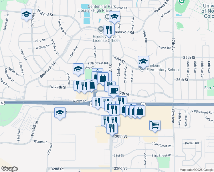 map of restaurants, bars, coffee shops, grocery stores, and more near 2707a 27th Street in Greeley