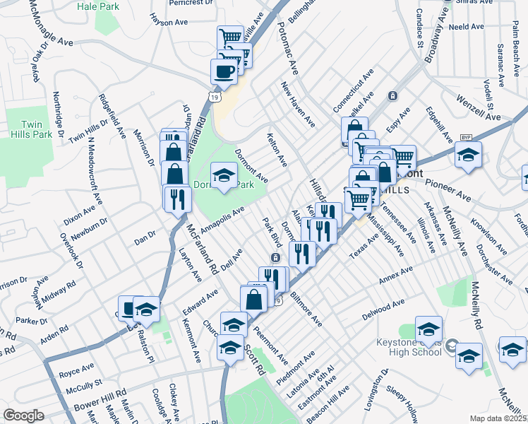map of restaurants, bars, coffee shops, grocery stores, and more near in Dormont