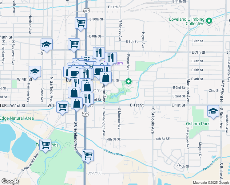 map of restaurants, bars, coffee shops, grocery stores, and more near 300 Adams Avenue in Loveland