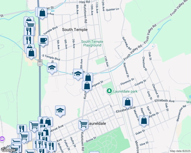 map of restaurants, bars, coffee shops, grocery stores, and more near 1314 Frush Valley Road in Laureldale