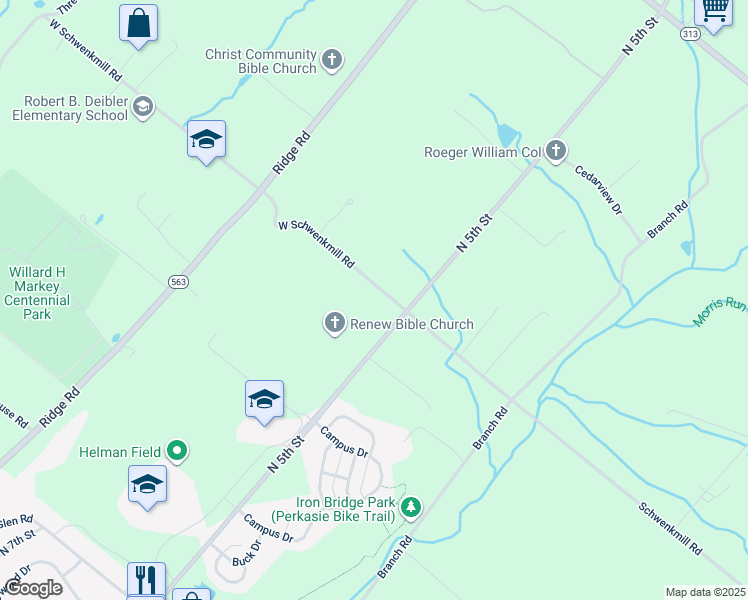 map of restaurants, bars, coffee shops, grocery stores, and more near 512 West Schwenkmill Road in Perkasie