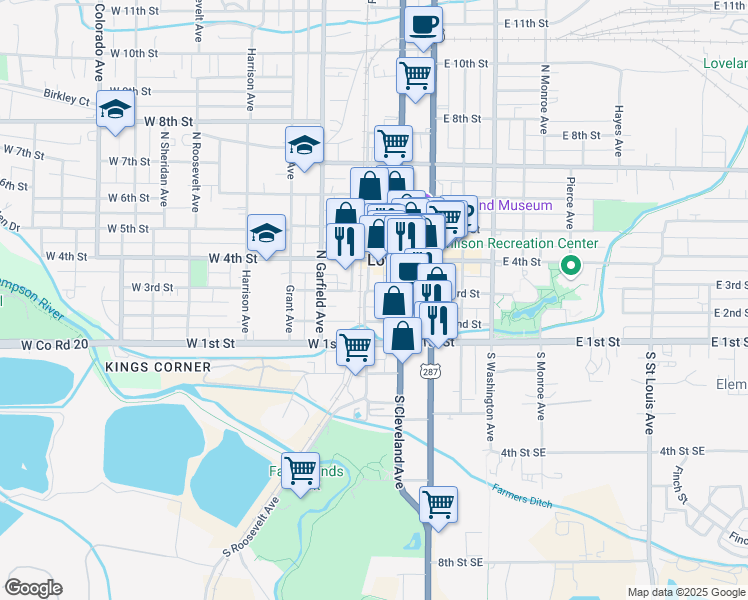 map of restaurants, bars, coffee shops, grocery stores, and more near 143 East 2nd Street in Loveland