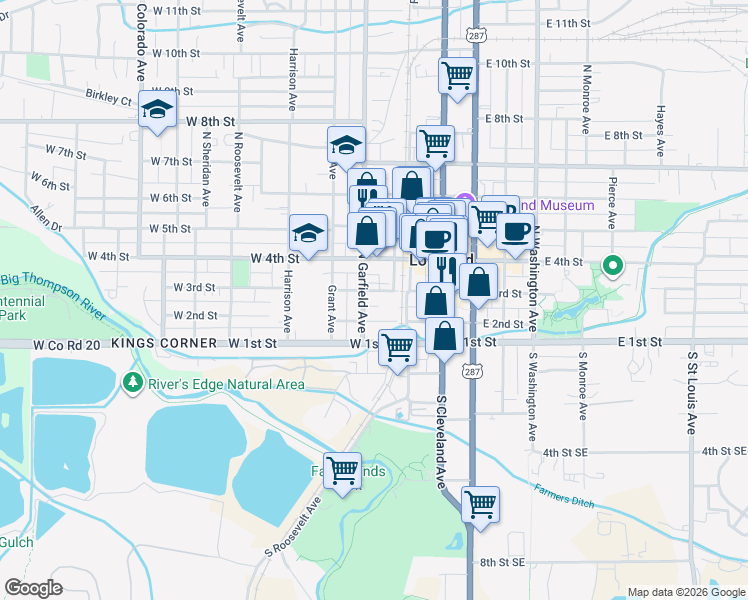 map of restaurants, bars, coffee shops, grocery stores, and more near 153 West 2nd Street in Loveland
