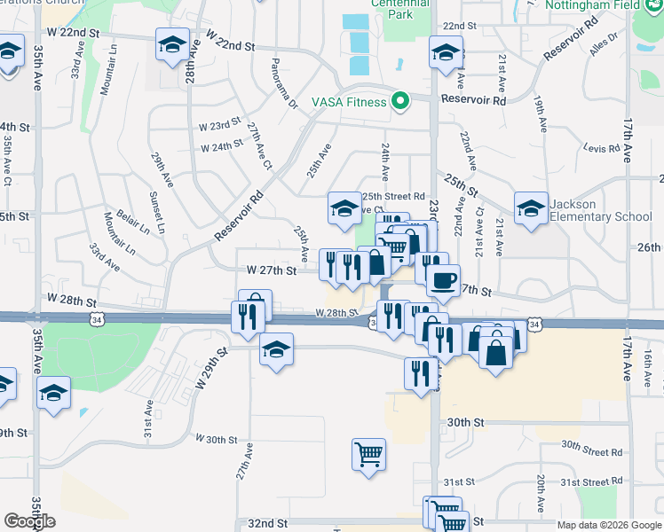 map of restaurants, bars, coffee shops, grocery stores, and more near 2413 West 27th Street in Greeley