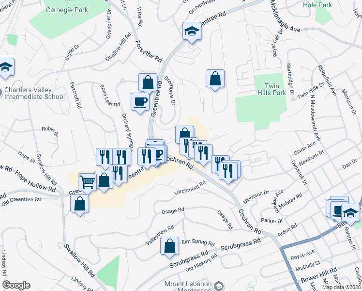 map of restaurants, bars, coffee shops, grocery stores, and more near 1910 Cochran Road in Pittsburgh
