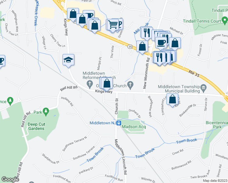 map of restaurants, bars, coffee shops, grocery stores, and more near 92 Kings Hwy in Middletown