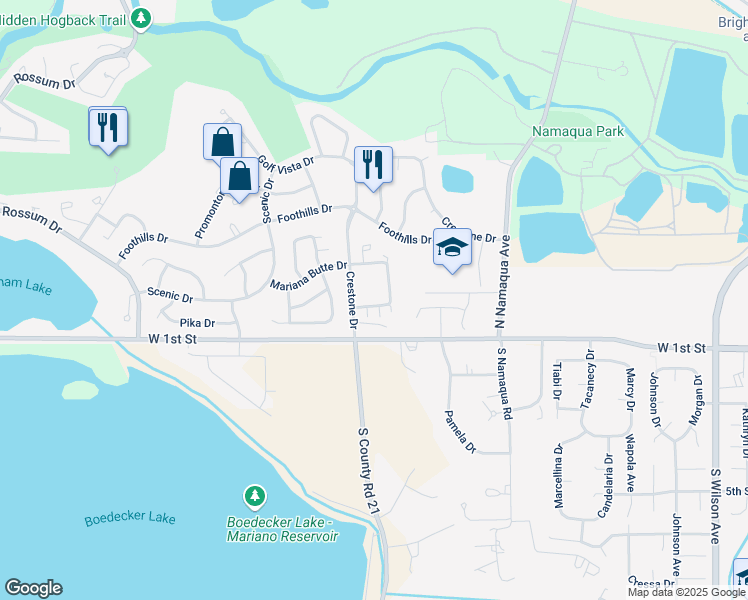 map of restaurants, bars, coffee shops, grocery stores, and more near 215 Shupe Circle in Loveland