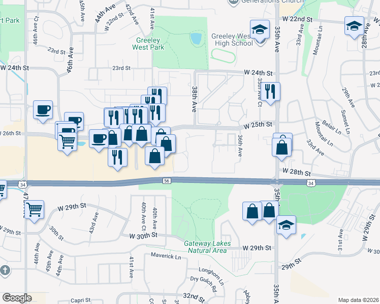map of restaurants, bars, coffee shops, grocery stores, and more near 4118 Centerplace Drive in Greeley
