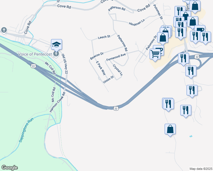 map of restaurants, bars, coffee shops, grocery stores, and more near 233 Beacon Dr in Weirton