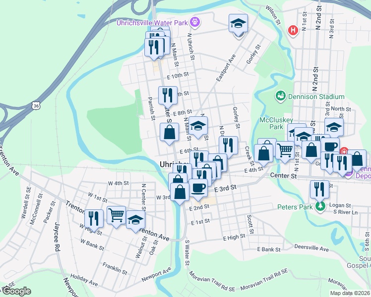 map of restaurants, bars, coffee shops, grocery stores, and more near in Uhrichsville