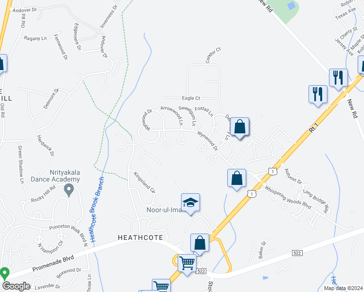 map of restaurants, bars, coffee shops, grocery stores, and more near 62 Cottonwood Court in South Brunswick Township