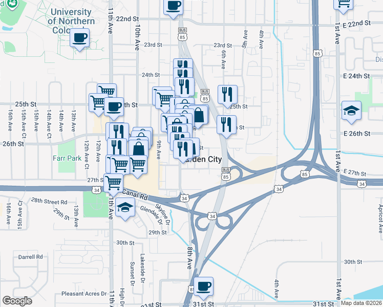 map of restaurants, bars, coffee shops, grocery stores, and more near in Garden City