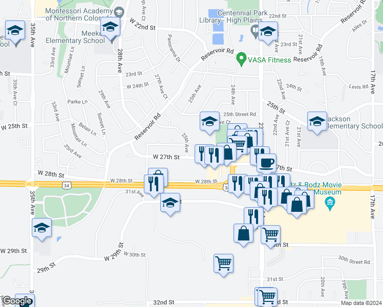 map of restaurants, bars, coffee shops, grocery stores, and more near 2495 West 28th Street in Greeley