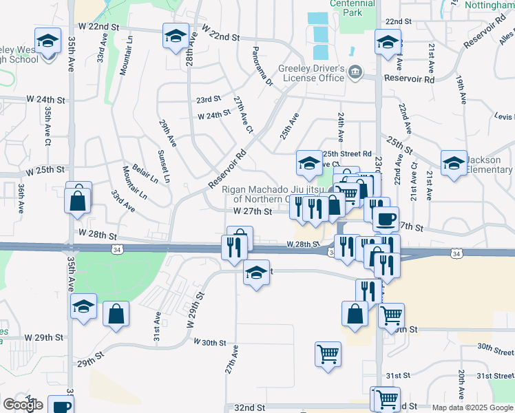 map of restaurants, bars, coffee shops, grocery stores, and more near 2602 West 27th Street in Greeley