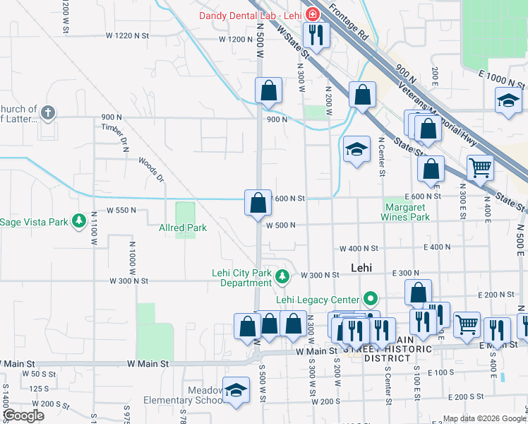 map of restaurants, bars, coffee shops, grocery stores, and more near 459 West 500 North in Lehi