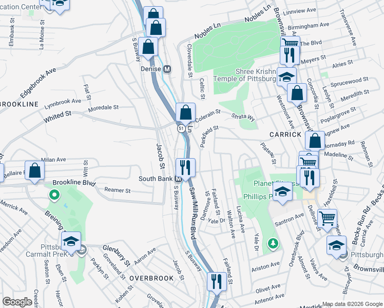 map of restaurants, bars, coffee shops, grocery stores, and more near 1948 Dartmore Street in Pittsburgh