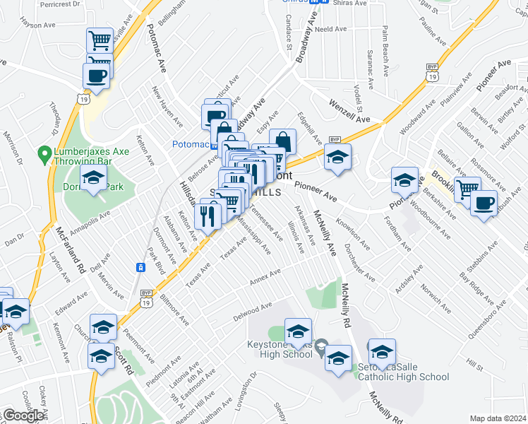 map of restaurants, bars, coffee shops, grocery stores, and more near 1300 Mississippi Avenue in Pittsburgh