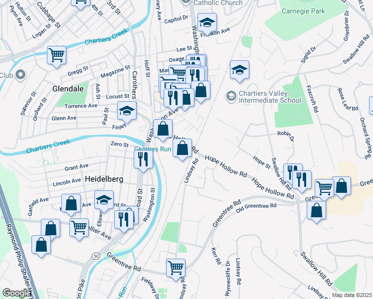 map of restaurants, bars, coffee shops, grocery stores, and more near 800 Hope Hollow Road in Carnegie