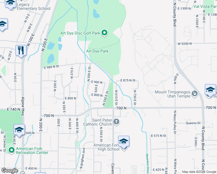map of restaurants, bars, coffee shops, grocery stores, and more near 823 North 550 East Street in American Fork