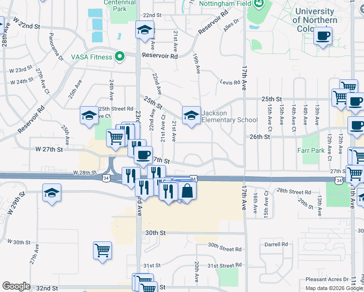 map of restaurants, bars, coffee shops, grocery stores, and more near 2051 26th Street Road in Greeley