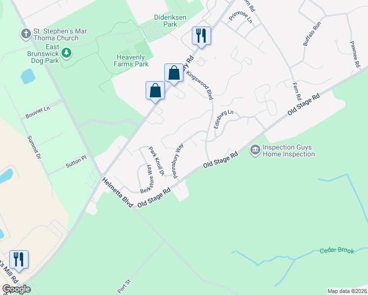 map of restaurants, bars, coffee shops, grocery stores, and more near 65 Pennsbury Way in East Brunswick