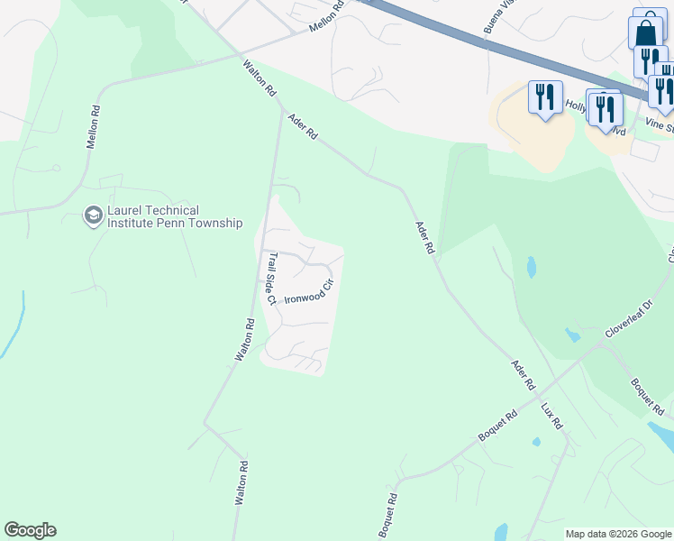 map of restaurants, bars, coffee shops, grocery stores, and more near 3015 Ironwood Circle in Jeannette