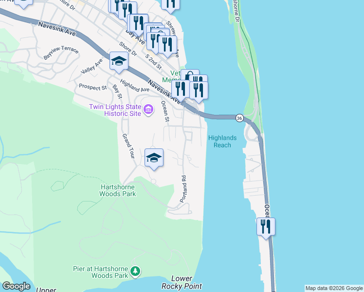 map of restaurants, bars, coffee shops, grocery stores, and more near 82 Portland Road in Highlands