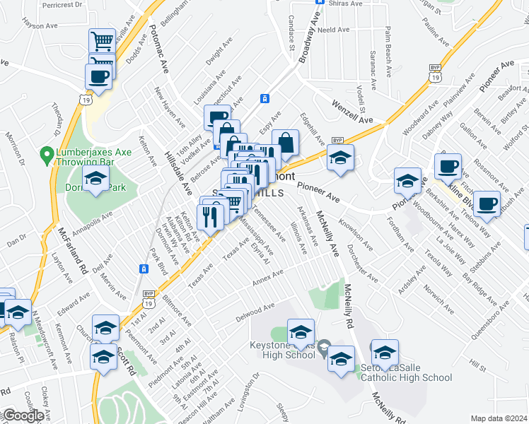 map of restaurants, bars, coffee shops, grocery stores, and more near 1346 Tennessee Avenue in Pittsburgh