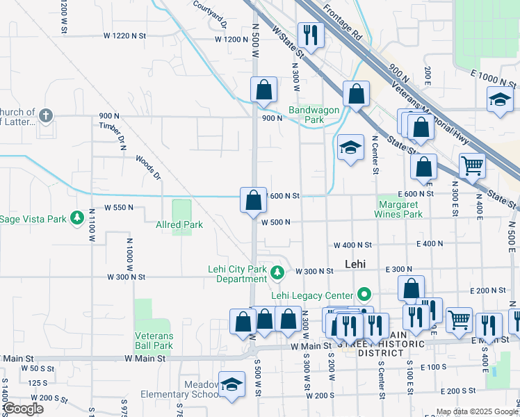 map of restaurants, bars, coffee shops, grocery stores, and more near 459 West 500 North in Lehi