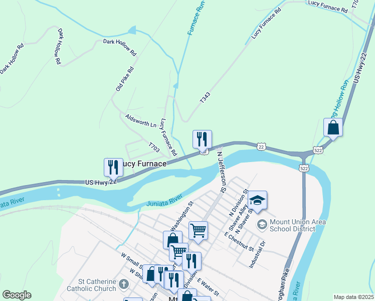 map of restaurants, bars, coffee shops, grocery stores, and more near in Mount Union