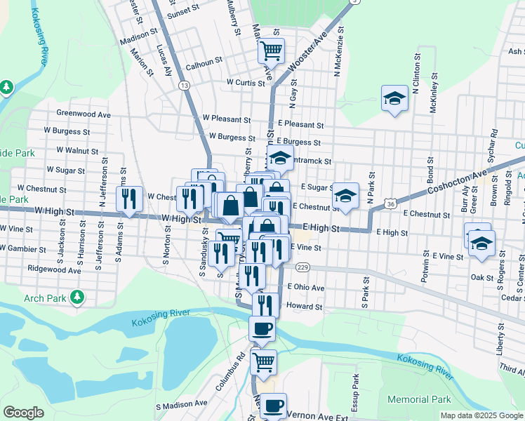 map of restaurants, bars, coffee shops, grocery stores, and more near 112 North Main Street in Mount Vernon