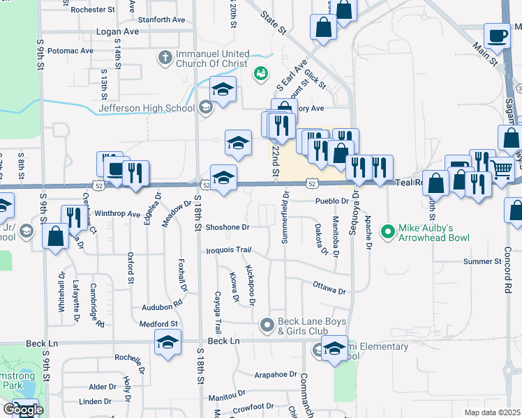map of restaurants, bars, coffee shops, grocery stores, and more near 2300 Osage Court in Lafayette