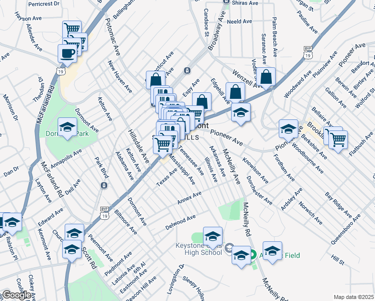 map of restaurants, bars, coffee shops, grocery stores, and more near 1344 Tennessee Avenue in Pittsburgh
