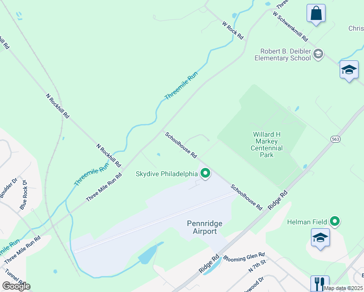 map of restaurants, bars, coffee shops, grocery stores, and more near 1427 Schoolhouse Road in Perkasie