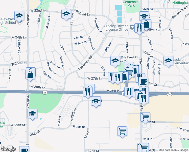 map of restaurants, bars, coffee shops, grocery stores, and more near 2701 West 26th Street Road in Greeley