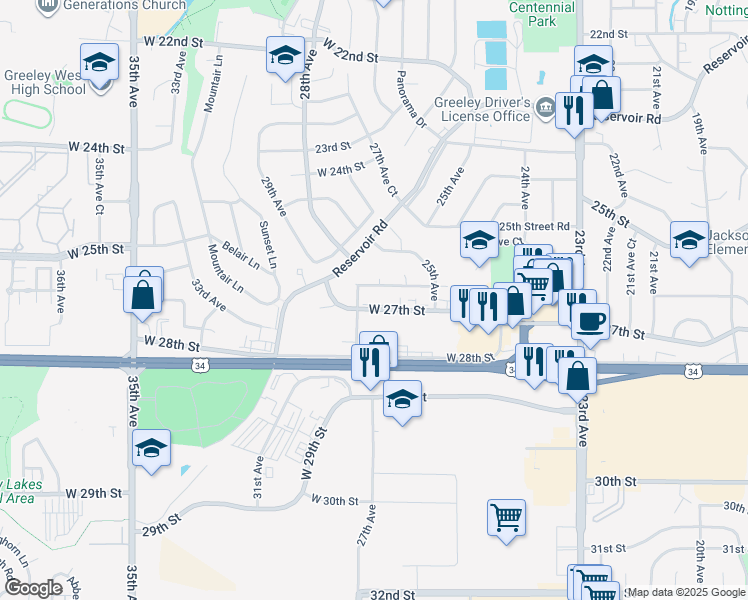 map of restaurants, bars, coffee shops, grocery stores, and more near 2701 West 26th Street Road in Greeley